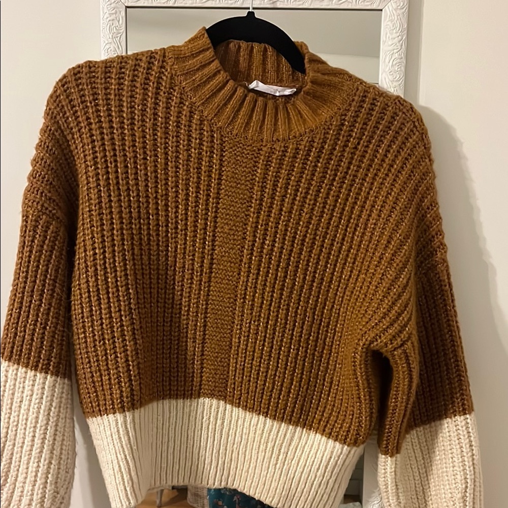 Elodie Brown and Cream Cowl Neck Sweater with Chunky Knit